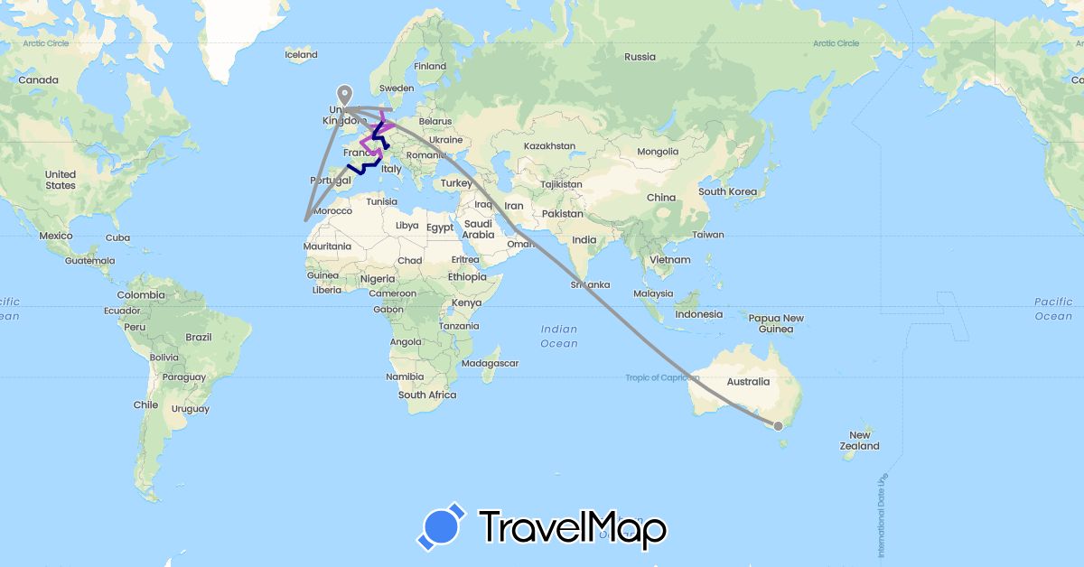 TravelMap itinerary: driving, plane, train in United Arab Emirates, Australia, Switzerland, Germany, Denmark, Spain, France, United Kingdom, Italy, Netherlands (Asia, Europe, Oceania)